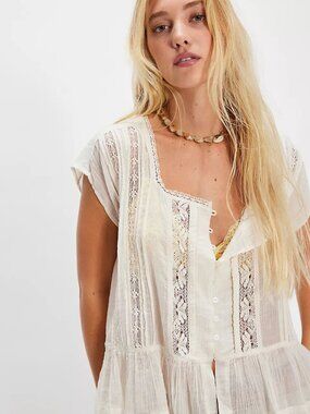 Free People FP One Georgia Blouse Top Lace Trim Capped Sleeve M